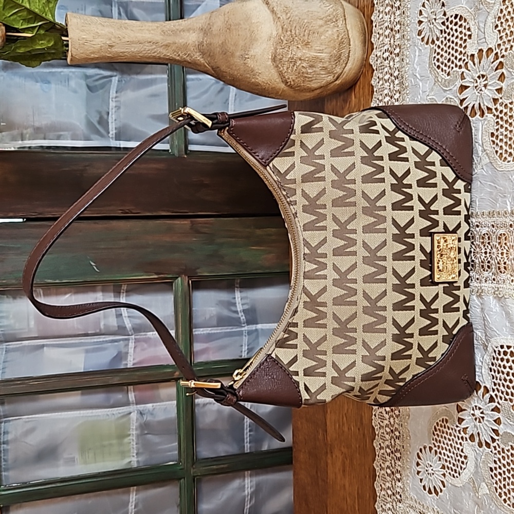 Michael Kors Millbrook Signature MK Brown Tan Jacquard Leather Shoulder Hobo Bag